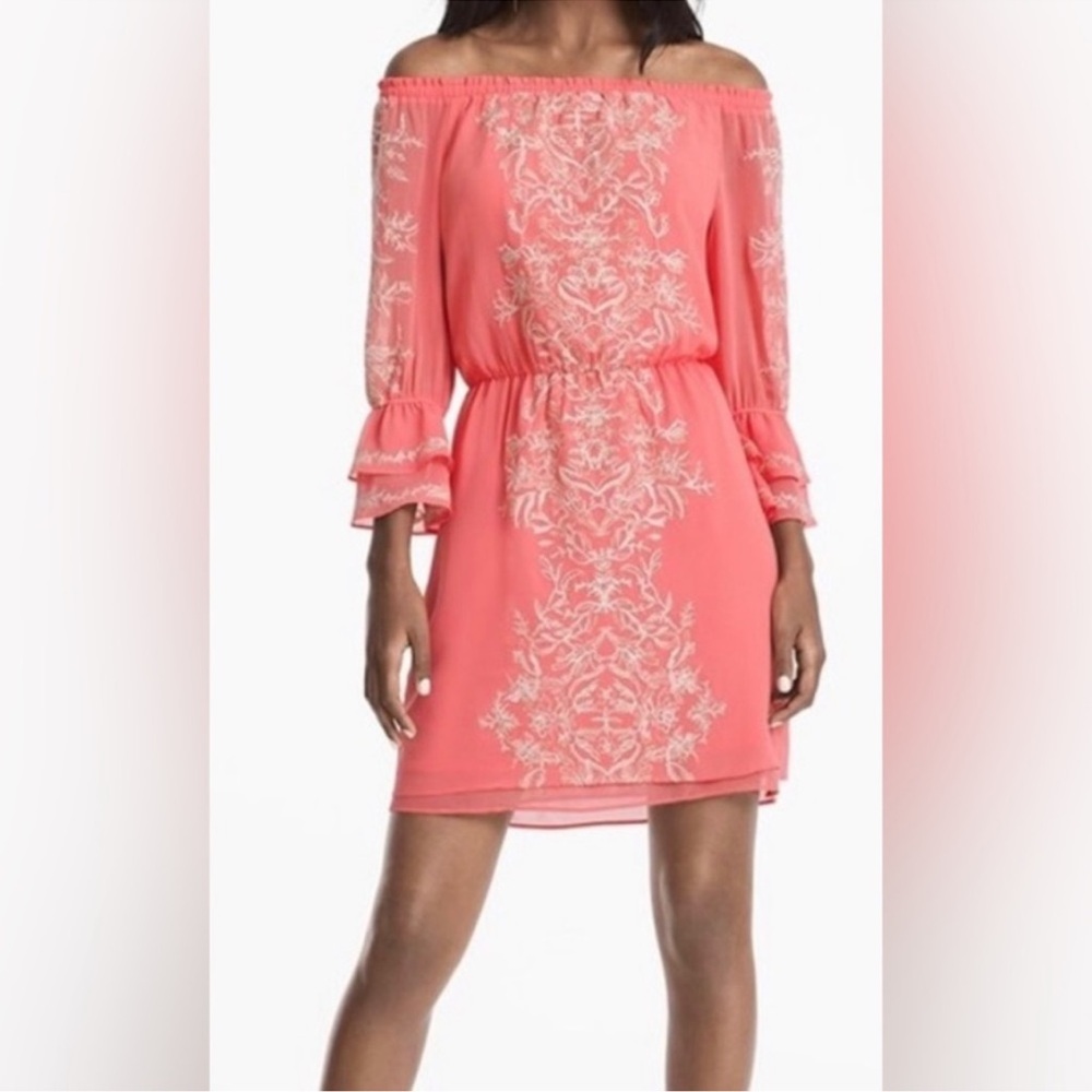 White House Black Market Off the Shoulder Coral Dress Gold Embroidery Size M